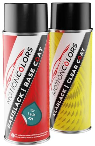 MOTIONCOLORS Afalina Tuerkis Metallic 421 für Lada Autolack Sprühdosen Set Basislack Klarlack Spraydose 400ml