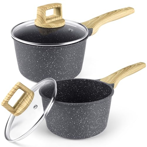 GiPP Casserole avec couvercle, 16/18 cm, 2 pièces, petite casserole à induction, avec revêtement antiadhésif en granit, pour induction, sans PFOA, gris