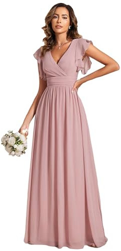 Ever-Pretty Robe de Soirée Dos Nu pour Femme Manches Volantées Mousseline Col V Plissé Robe de Demoiselle d'honneur Longue Élégante Rose Poussiéreuse 40