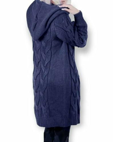 WearAll Women Ladies Cardigan Cable Knitted Oversized Long Hooded Chunky Jumper Cape Open Front Collarless Knit Top Navy Size 8-16