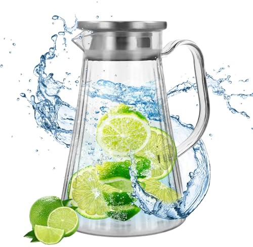1,5L Jarra de Agua de Plástico Transparente, Jarra de Té Resistente al Calor, Jarra de Zumo, Tetera Compartida Fría y Caliente con Tapa Desmontable de Acero Inoxidable para Té Café Limonada Leche