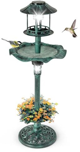 COSTWAY Bird Feeder and Bath, 4 in 1 Outdoor Birds Table with Solar Lights, Flower Planter Base, Fillable Stand, Vintage Birds Feeding Station for Garden Yard Decoration (Bronze)
