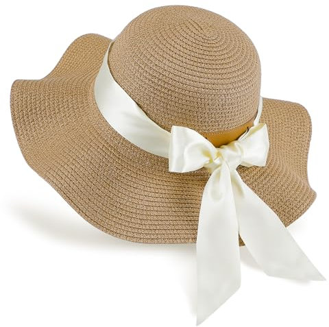 GNEGNI LIFE Floppy Straw Hat, Women Wide Brim Sun Hat Foldable Summer Beach Sun Protection UPF 50+ (Khaki & Beige Ribbon)
