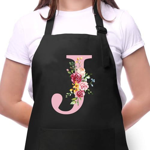 Personalisierte Initialen Schürzen Damen, Kochschürze Baumwolle Verstellbare Küchenschürze mit Taschen zum Kochen, Backen, Geschenk für Frauen Mama Oma Freundin zum Geburtstag Muttertag Weihnachten J
