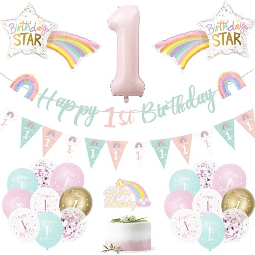 1.Geburtstag Dekorationen für Mädchen, 1.Geburtstag Luftballons, Set mit Regenbogen Ballons, Dreieck Banner