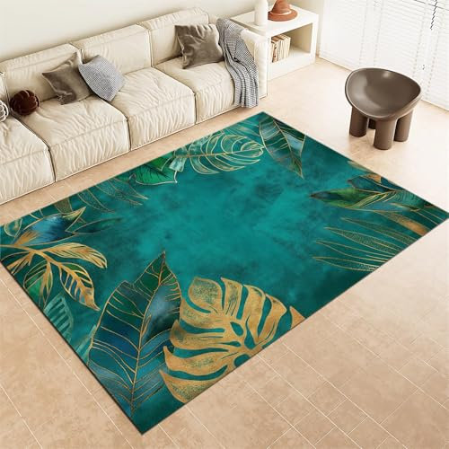 Aquarell Botanischer Schildpatt-Bambus Teppich Dekoration 80x150cm Schlafzimmer Wohnzimmer, rutschfest Waschbar Flanell Kinderteppiche, SmaragdgrüN Moderner Teppich für Balkon Esszimmer Teppich