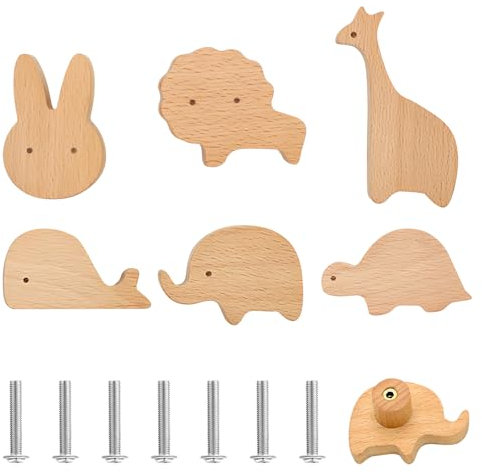 VOSSOT Schrankknöpfe Holz fur Kinderzimmer, 6 Stück Tier Holz Schubladengriff,Tierform Möbelknöpfe Kinder, Holz Tür Schubladengriffe,Holzknäufe mit Tiermotiven,Schrankknöpfe Mit Schrauben,Möbelknöpfe