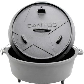 SANTOS Dutch Oven mit Deckel - Schmortopf für Außenküche - 5,7 L/6 Qt. Feuertopf mit Füßen - Gusseisen - ideal für Lagerfeuer, Feuerstelle oder Grill