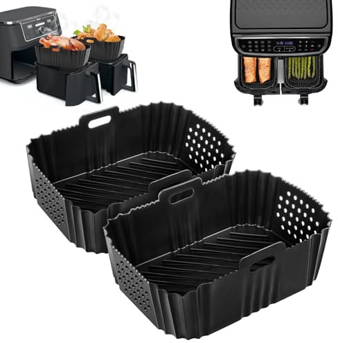 2PCS Silicone Pot for Ninjas Dual Air Fryer XL 9.5l Air Fryer SL400UK,Reusable Silicone Air Fryer Liners Double Air Fryer Silicone,Air Fryer Accessories for AF400UK/ AF451UK/ Tower T17088(Black)