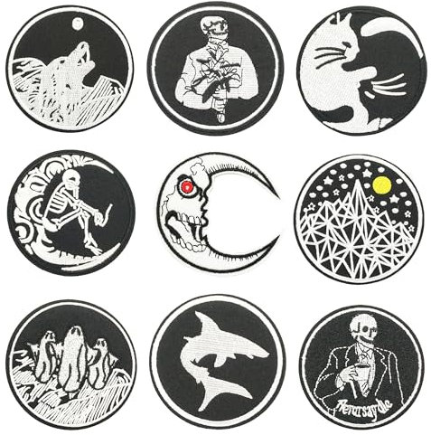 Attuslla 9 PCS Iron on Patches, Assorted Black and White Embroidered Patch Sew On Patch for Backpacks Jeans Jackets Bag Clothing