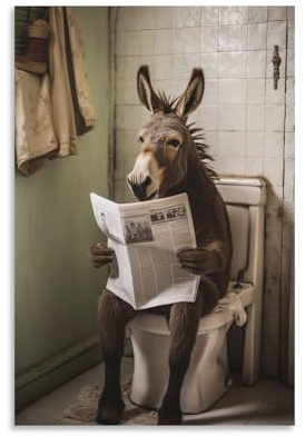 Esel sitzt auf der Toilette und liest Zeitungsposter, lustiges Badezimmer-Humor-Wanddekoration, lustiges Tierposter für Toilette, Leinwand, Poster, Schlafzimmer, Dekoration, Landschaft, Büro,