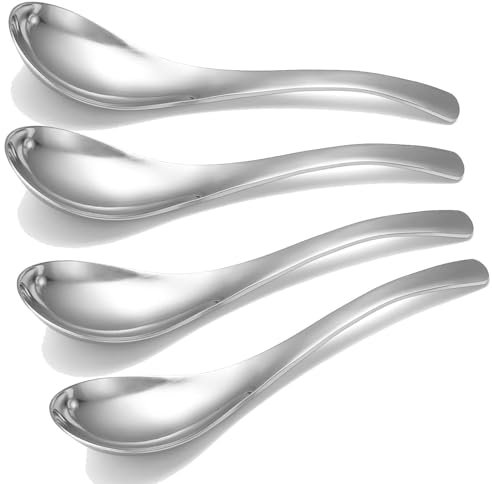 4Pcs Soup Spoons, Stainless Steel Spoon Chinese Soup Spoon Asian Table Spoon Dinner Spoons for Rice Pho Wonton Dumpling Noodles Bouillon Dessert Cereal Thai Miso Ramen Set of 4
