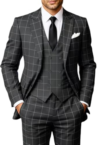 Solovedress Costumes pour hommes 3 pièces Costume classique à carreaux pour hommes Veste, pantalon, gilet pour mariages et affaires, gris, M