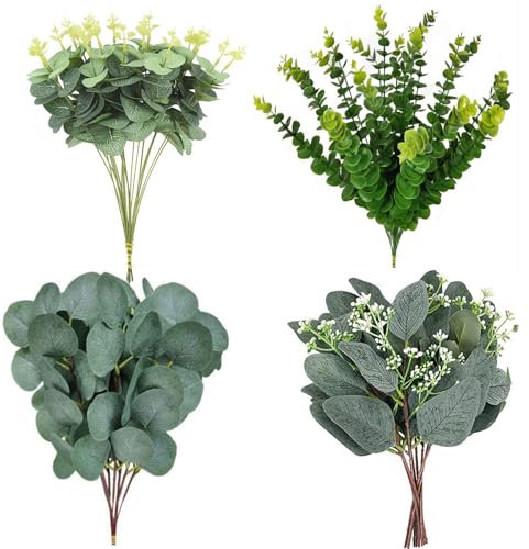 kaiyaya Pack of 40 Eukalyptus Deko,Artificial Eucalyptus Leaves Decoration Pflanze Kunstblumen Hochzeitsdeko Kommunion Tischdeko Kunstblumen Deko Künstliche Zweige,4 Stile for Wedding,Party