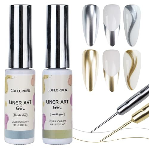 Metallic Gel Nail Polish 2pcs Gold and Silver Metallic Liner Gel Nail Art 3D Effect Thin Brush For Swirl Soak Off DIY at Home Salon Quality Gift for Women 8ML
