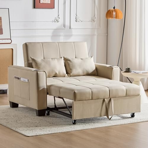 Miyemo 2 Seater Sofa Bed, 3 In 1 Convertible Sleeper Bed with Cup Holders & Side Pockets, Pull Out Sleeper Sofa with Adjustable Backrest, Fabric Sofa Chair for Living Room, Apartment, Beige