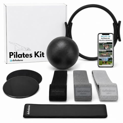 defedana Pilates Set, Pilates Ring, Pilates Ball, 4 Fitnessbänder, Slider | 36cm Fiberglas-Ring, 23cm Ball mit Pumpe, 3 Widerstandsbänder, 200cm Gymnastikband/Terraband, 2 Gleitscheiben