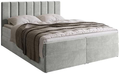BROMARKT Boxspringbett mit Matratze 160x200cm Bett mit Topper Hellgrau | Polsterbett mit Bettkasten Doppelbett für Schlafzimmer gepolsterte Kopfstütze Bed Bonell Härtegrad H3 DENVER