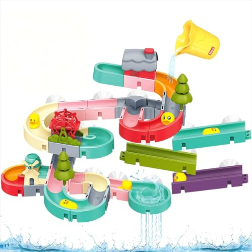 Badewannenspielzeug Kinder, 62 STK Kugelbahn Badespielzeug ab 3 4 5 6 Jahre | DIY Murmelbahn Badewannen Spielzeug mit Saugnäpfe, Wasserspielzeug Badespaß Geschenk für Mädchen Junge ab 3