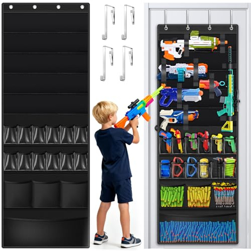 Auluda Over the Door Toy Organizer Multi-Function Storage Hanger with 12 Pockets for Toy Guns,Darts,Goggles,Nursery Game Room Bedroom Over Doors Storage Organizer