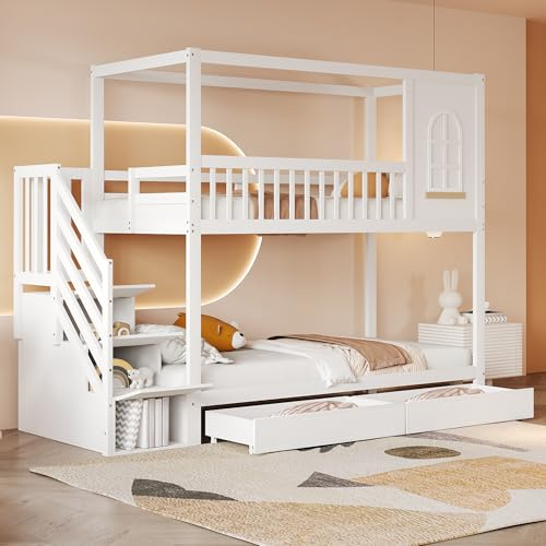 Generisch Etagenbett Kinderbett 90x200cm Massivholz Doppelbett mit Sicherheitszaun – Haus Design mit Fenstern, Schubladen & Sicherheitsleiter, Weiß/Holzfarben