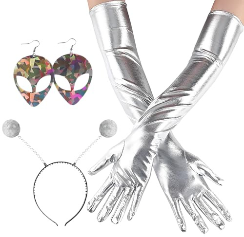 fshxj Alien Kostüm,Alien Haarreif Ohrringe Und Handschuhe,Damen Space ZubehöR,Weltraum Set,Silber Accessoires Weltall Costume,FüR Frauen MäDchen Karneval,Maskerade,Cosplay KostüM Verkleiden ZubehöR