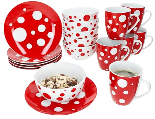 MamboCat Pula rot 18tlg Frühstücksset I je 6X Kuchenteller, Müslischalen 400 ml & Kaffeebecher 300 ml aus Porzellan I 6 Personen I rotes Punkte-Dekor I Frühstück & Brunch