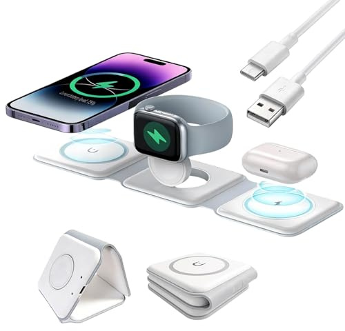 3 in 1 Ladestation Wireless Charger für iPhone, Faltbare Induktive Ladestation Kompatibel mit iOS Watch 10 9 Ultra SE für AirPods iPhone 17 Air 17 16 15 14, Kabelloses Ladegerät Induktionsladegerät