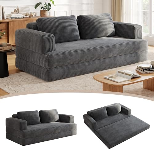 Wumagin Schlafsofa Cord 160 cm, Cordsofa Faltbares mit Kissen, 2 Sitzer Modulares Bodensofa, 4-in-1 Compressed Sofa für Wohnzimmer und Schlafzimmer (Grau)