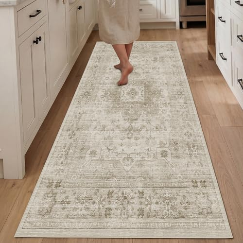 Autsel Vintage Teppich Wohnzimmer 80x150cm, Creme Teppich Schlafzimmer | Waschbarer Boho Teppich, Rutschfest Läufer Teppiche, Pflegeleicht Teppich Gegend für küche, Büro, Esszimmer, Flur