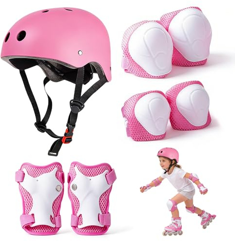 Riisoyu Equipo de Protección Infantil, 7 Piezas Conjuntos de Patinaje Niños con Muñequeras Rodilleras y Coderas Ajustables Casco Bicicleta Protecciones Patines Niño para Patinaje Monopatín Ciclismo