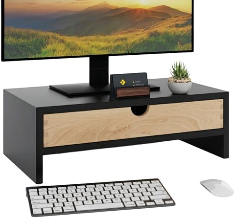 ComfortCove Support de Moniteur avec Tiroir, Noir | Rehausseur écran Ergonomique en Bois, Support écran PC avec Tiroir, Universel pour Ordinateur Portable ou Écran
