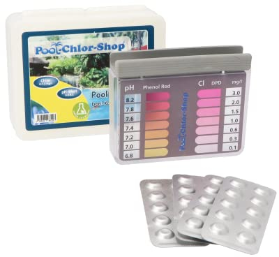 Duraol Mini-Pooltester für pH & Chlor I Testkit Pool mit Messgerät, je 20 Testtabletten DPD & Phenol Red I Chlor- & pH-Wert Messgerät Pool I Hochwertiges Pool-Zubehör zum Chlor & pH Wert Messen