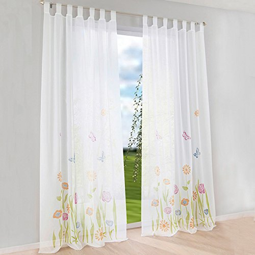 HongYa 1er-Pack Schlaufenschal Voile Gardine Transparenter Vorhang Floral Dekoschal H/B 245/150 cm Grün