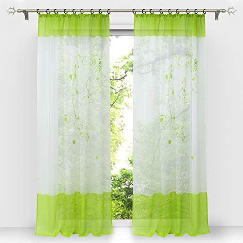 HongYa 1 Stück Bestickte Gardine Transparenter Voile Vorhang Fensterschal mit Kräuselband H/B 225/140 cm Grün
