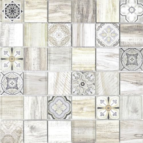 Mosaikfliese Patchwork hellbeige beige Mosaikfliese Wand Fliesenspiegel Holzoptik Bad MOS160-w100