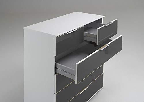Schubkastenkommode Olha 2 weiß+Glas grau (6xSchubkästen) 82x102x42cm Board Schlafzimmerkommode Sideboard Schrank Beistellschrank Boxspring