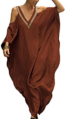 Bsubseach Robe de Plage Femme Caftan Épaule Froide Col en V Cache-Maillot de Bain Maxi Kimono Djellaba Grande Taille Kaftan Rouge