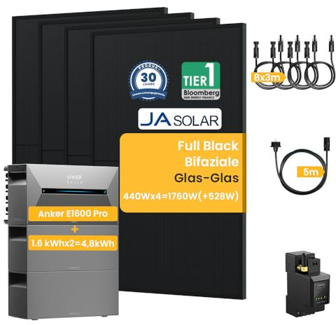 Balkonkraftwerk mit Speicher 4.8 kWh, Solix Solarbank 2 E1600 Pro mit BP1600x2, JaSolar 1760W(+528W) Full Black Bifaziale Solarmodule und Smarten Zähler (E1600Pro+BP1600*2+1760W)