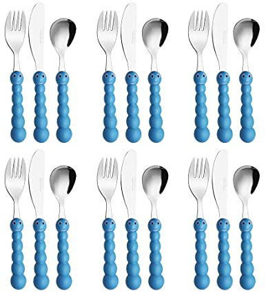EXZACT Children Cutlery 6pcs Stainless Steel Kid Caterpillar 24M+ | Dishwasher Safe BPA Free Blue Handles Easy Grip Toddlers Everyday Meals Nursery Utensil Flatware Spoons Forks Knives