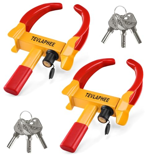 Tevlaphee 2 Paquete Cepo Antirrobo Rueda Coche Remolque Caravana Reforzado Universal Ajustable Protección PVP Cerradura Antitaladro 6 Mismas Llaves (Rojo & Amarillo – 2 Paquete)