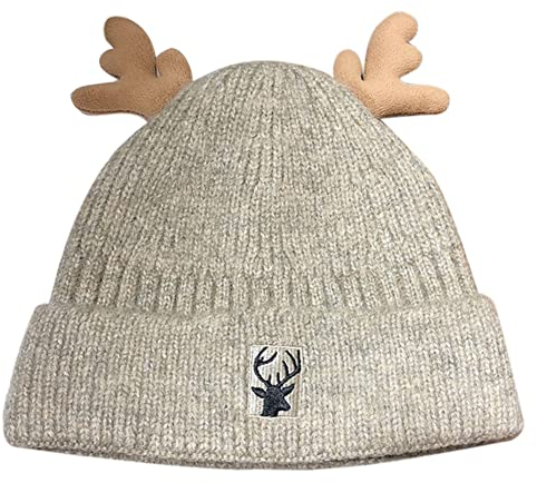 Herbests Damen Weihnachtsmütze Strickmütze Wintermütze Mütze mit Geweih Wollmütze Unisex Weihnachts Gestrickte Mütze Warme Beanie Hat Häkelmütze Hut Weihnachtshüte Geschenk für Männer Frauen Khaki