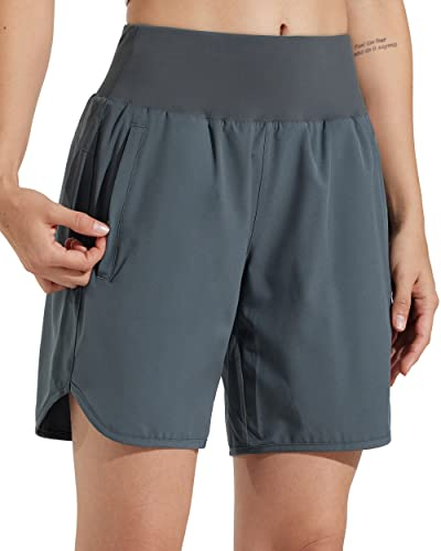 Libin Sporthose Damen Kurz 7'' Sport Shorts Laufhosen Atmungsaktiv mit Liner Sommer Hohe Taille Laufshort Running Jogging Kurze Hose,Dunkelgrau M