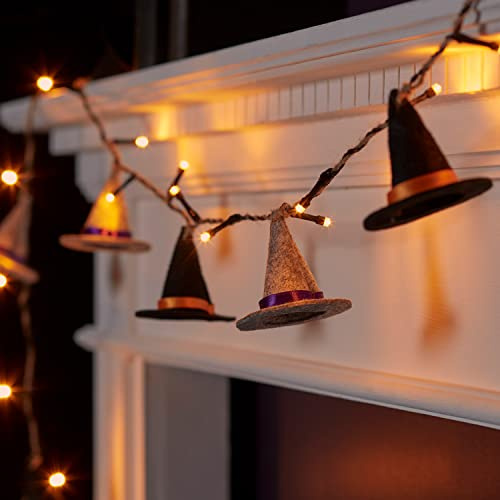 Lights4fun Lichterkette mit 20 LEDs – Hexenhut-Design aus Filz – Halloween Herbst Dekoration – Batteriebetrieb & Timer – für Innenbereiche – 230 cm lang