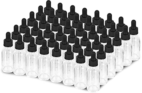 YONKAN Lot de 48 flacons compte-gouttes en verre transparent de 30 ml avec bouchons noirs pour huiles essentielles, parfum, bouteilles de voyage anti-fuite pour liquides
