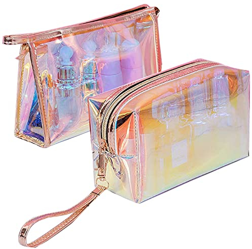 Musubi Lot de 2 trousses de toilette pour femmes, trousse de toilette de voyage transparente portable en TPU souple, trousse de toilette colorée pour femme, trousse de maquillage de voyage étanche
