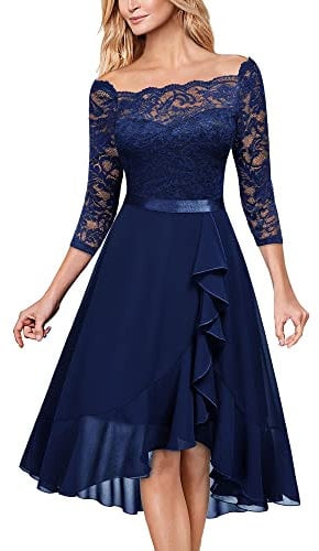 MIUSOL Women's Elegant Lace Chiffon 2/3 Sleeve Off-Shoulder Cocktail Ball Bridesmaid Patry Swing Midi Dress (Large, Navy Blue)
