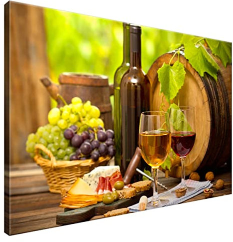 Estika Leinwand bilder - Wein, Käseplatte - 90x60 cm, 1 teilige kunstdruck - Wandbilder wohnzimmer, schlafzimmer, Moderne wanddeko, Bild auf leinwand - Küche, Restaurant bilder - 2231A_1L