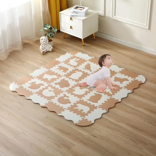 INTOMENG Puzzlematte Baby Play Mat for Floor Interlocking Eva Foam Puzzle Mat Krabbeldecke FüR Baby Tiermuster drucken Krabbelmatte rutschfest 142×142×1cm, Khaki Modell 08