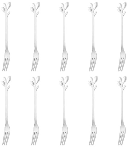 Mini forchette per antipasti in acciaio inox a foglia argentata, forchette da cocktail creative, forchette da dessert, forchette per frutta, ostriche, sottaceti, forchette per barattoli, granchi, 10